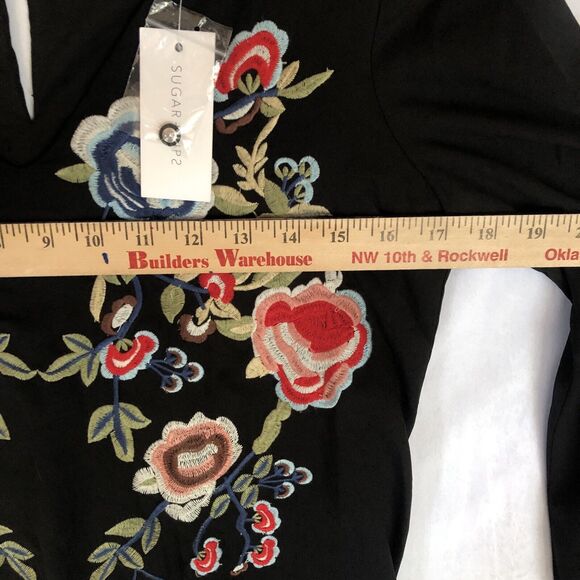 NWT Sugar + Lips Black Sheath Boho Dress, Long-Sleeve Floral Embroidery Size XS - Picture 8 of 9